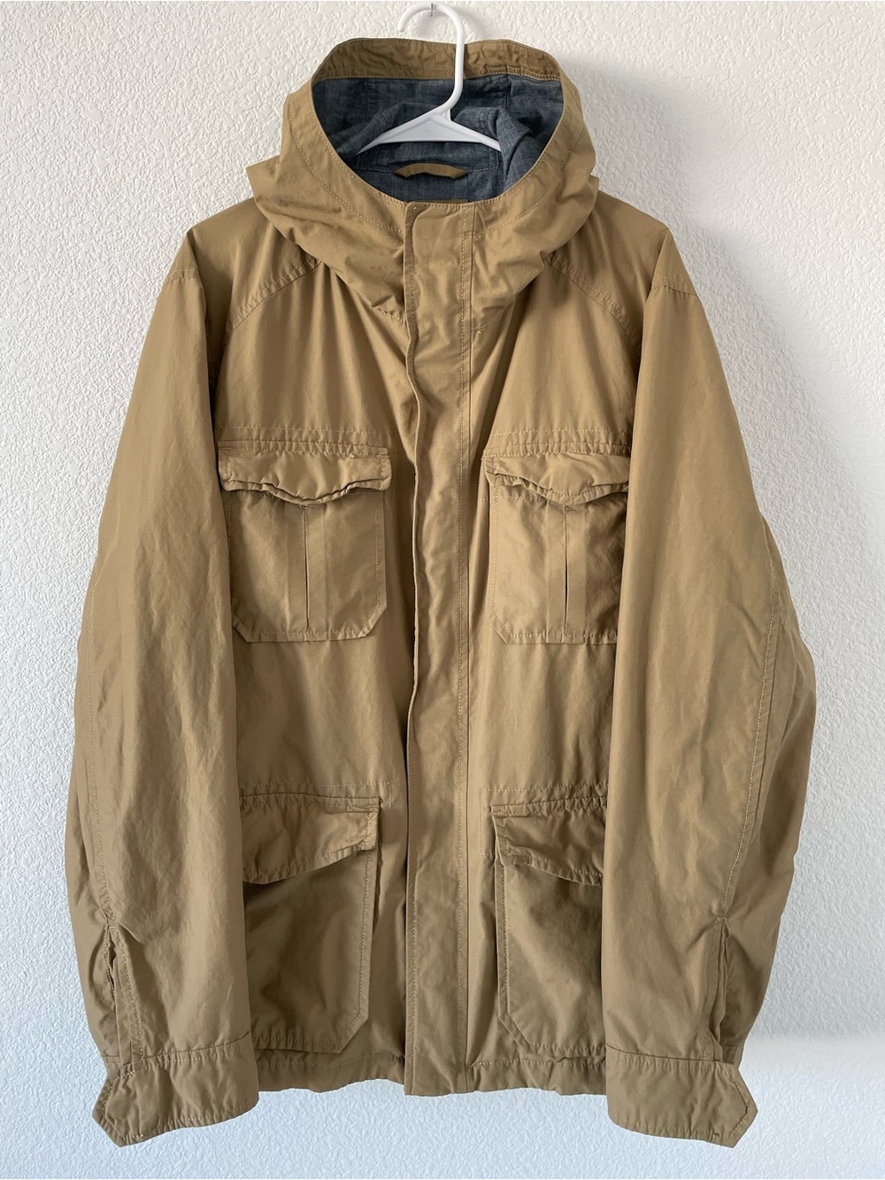 GAP Men's Tan Utility Field Jacket Hooded Cotton Chambray Lined